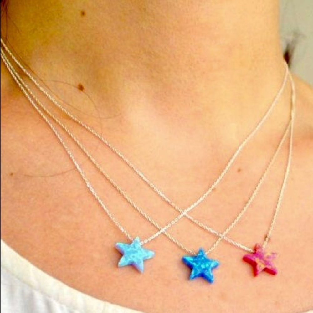 Blue Opal Star Necklace On Sterling Silver Chain